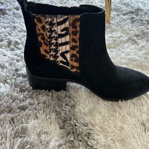 Crown Vintage Black Ankle Boots with Animal Print Detail